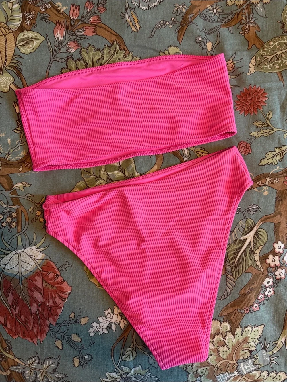 Frankie's Bikinis Ribbed Bandeau Bikini Set in Hot Pink